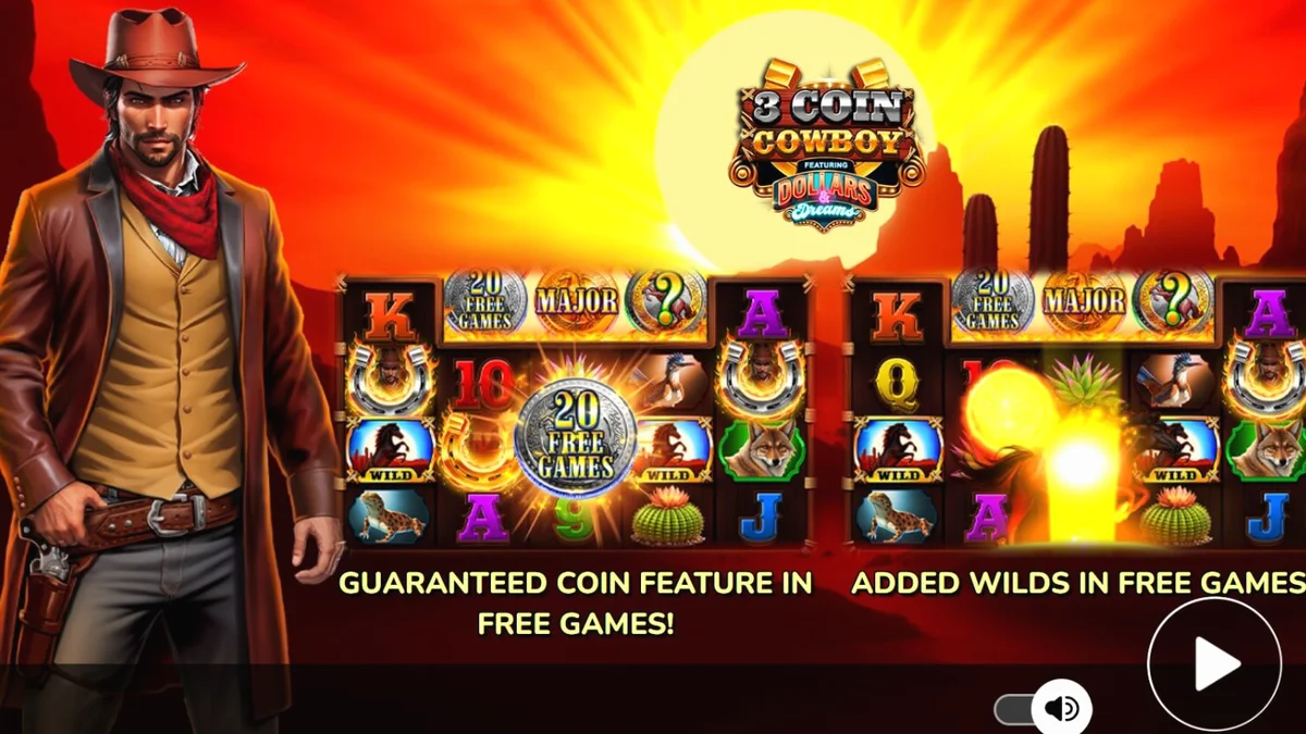 Interface do jogo 3 Coin Cowboy Dollars & Dreams com tema de Velho Oeste