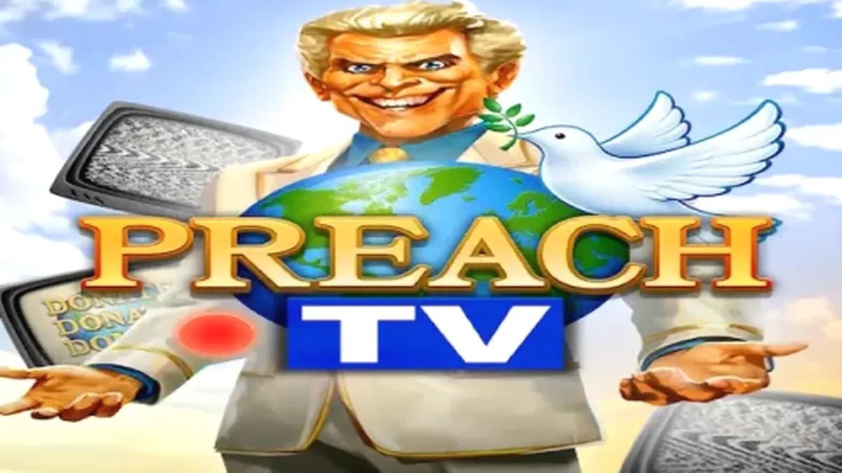 Tela de jogo do slot Preach TV com estética de estúdio de TV anos 90